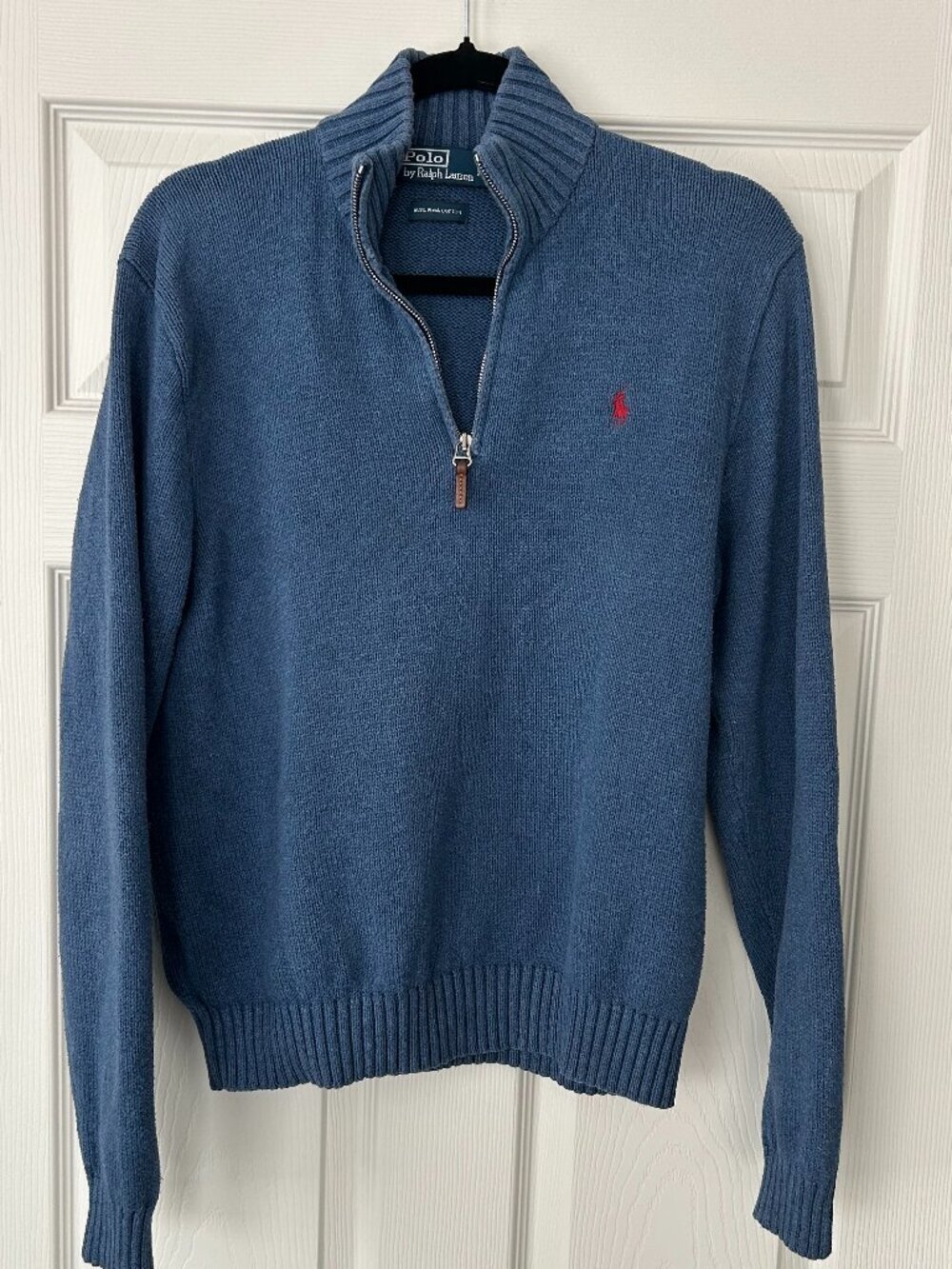 Polo Ralph Lauren Men’s Medium Blue Pima Cotton 1/4 Zip Sweater Red Pony